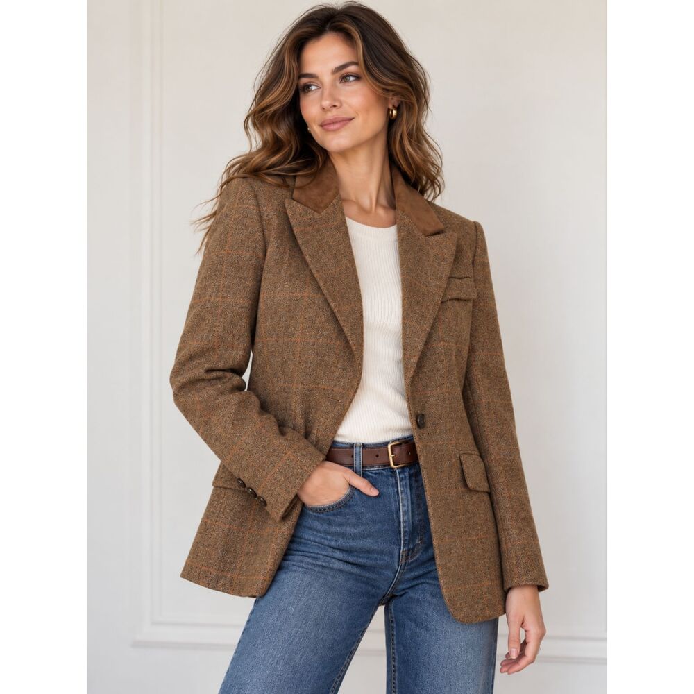 Vintage Aquascutum London Lambswool Plaid Blazer Suede Collar Size 6